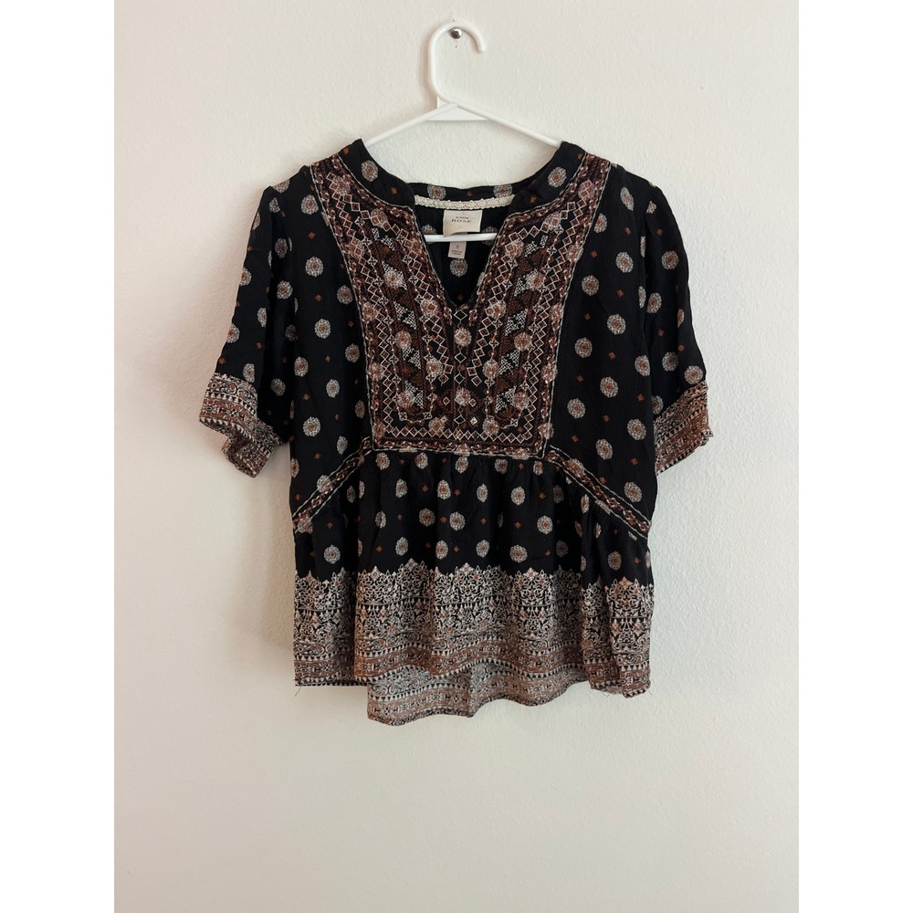 Knox Rose Womens Boho Babydoll Blouse Black Rust Floral Print Short Sleeve S